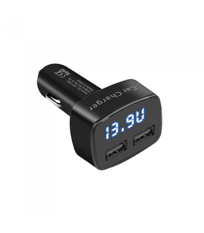 GlobalTone Car Charger 2 USB, Led Voltage Indicator Input12-24V, Output 3.1A Black