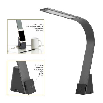 Lampe de bureau DEL avec support de téléphone et prises USB - Noir