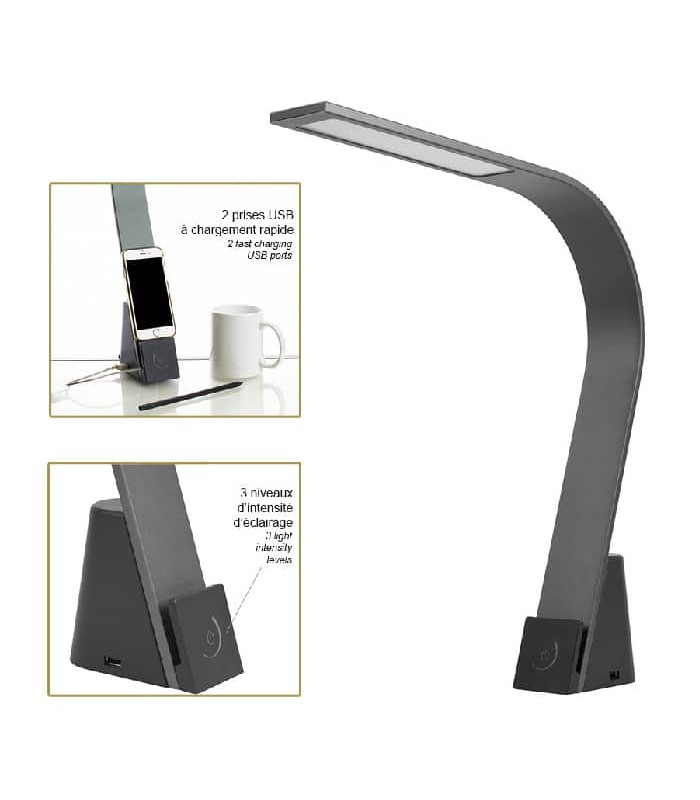 Lampe de bureau DEL avec support de téléphone et prises USB - Noir