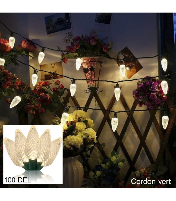 Guirlande lumineuse DEL sur cordon vert avec 8 modes d'éclairage - Intérieur/Extérieur - 100 DEL - 3000 K - 10 m