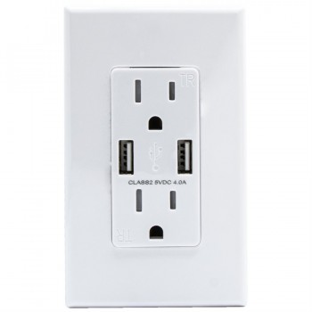 LightWay Decora Duplex Receptacle T / P 15A Dual USB Charger Type-A 4A Screwless Wall Plate White