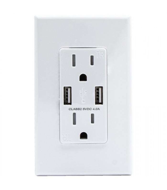 LightWay Decora Prise Duplex T/P 15A Double Chargeur USB Type-A 4A Plaque Murale Sans Vis Blanc