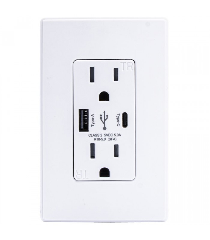 LightWay Decora Duplex Receptacle T / P 15A Dual USB Charger Type-A / C 5A Screwless Wall Plate White