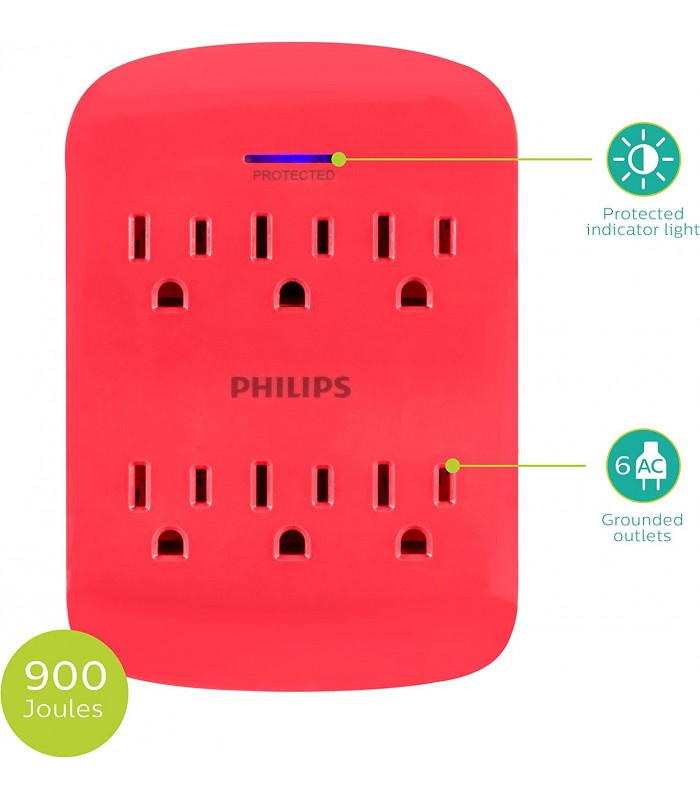 Philips 6-Outlet Extender Surge Protector, Wall Tap, 900 Joules - Coral