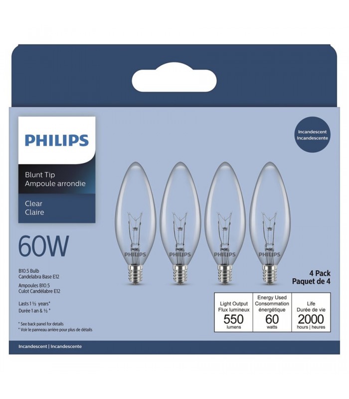 Philips Ampoule B10 Lustre Incandescent 60W Petit Culot Clair - Paquet de 4