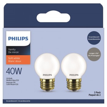 Philips Bulb G16-1/2 Incandescent Deco Vanity 40WMed Base White - Pack of 2