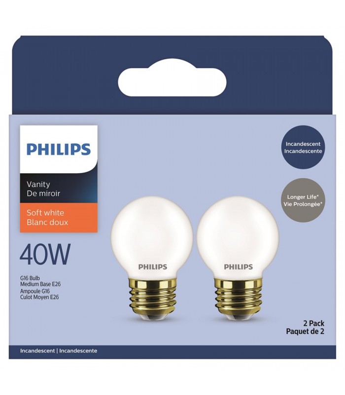 Philips Ampoule G16-1/2 Incandescent Deco Vanity 40WMed Culot Blanc - Paquet de 2