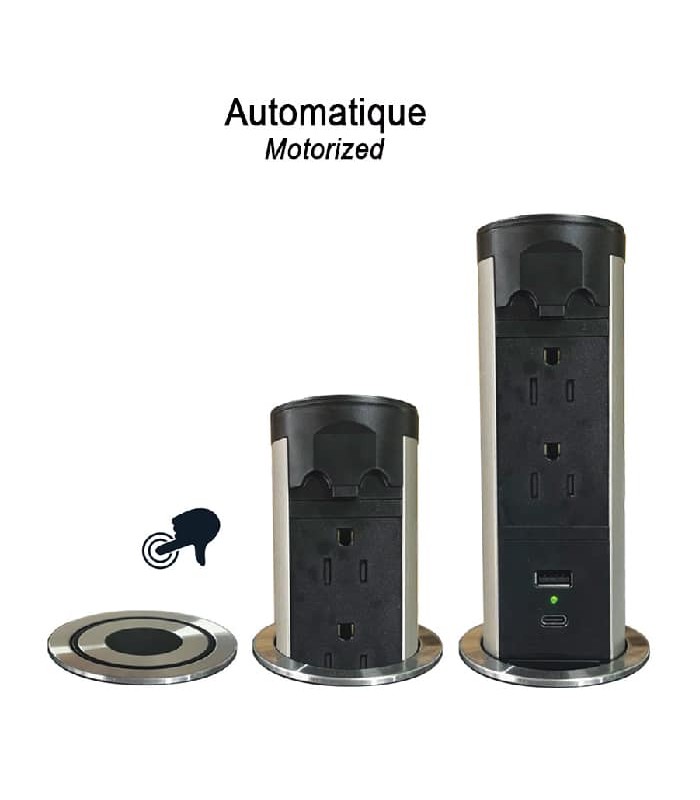 PureVolt Tour d'alimentation motorisée pour bureau avec 2 prises CA. ports USB-A et USB-C