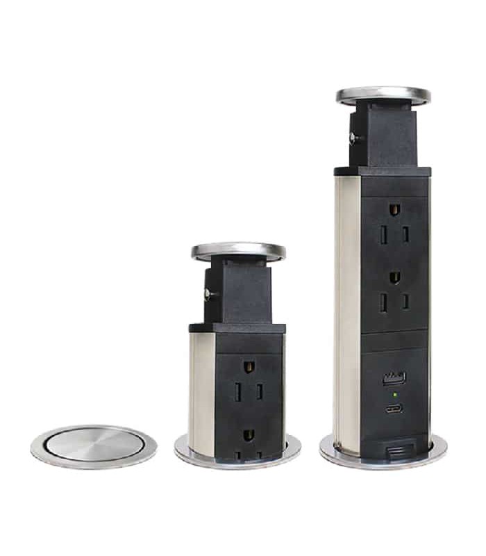 PureVolt Tour d'alimentation rétractable pour bureau avec 2 prises CA, ports USB-A et USB-C