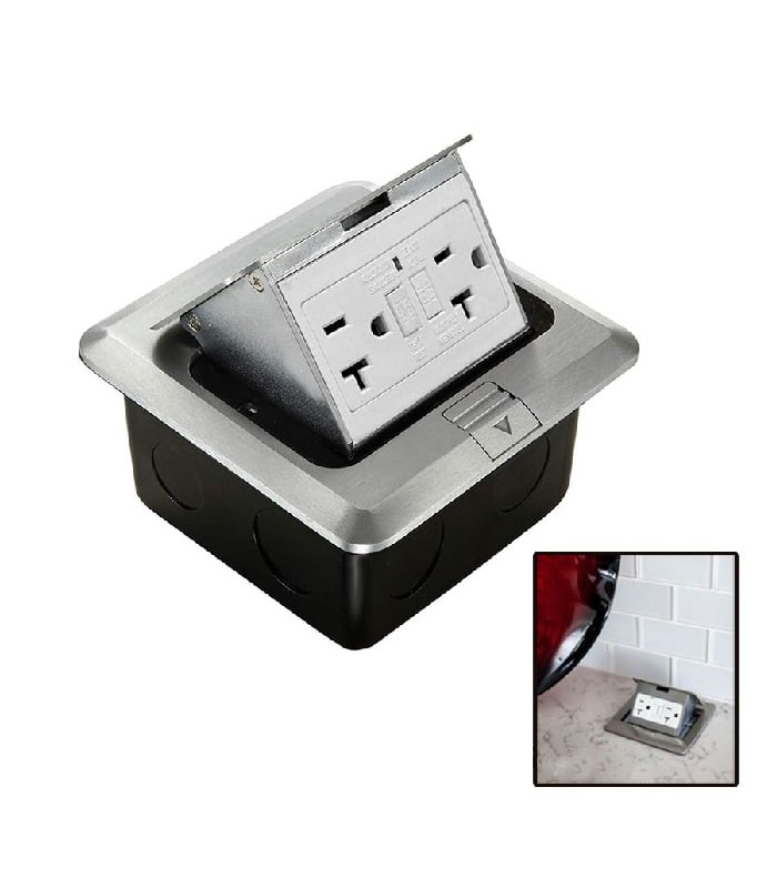 PureVolt Retractable Double GFCI Outlet for Floor - 125 V - 20 A - Stainless Steel