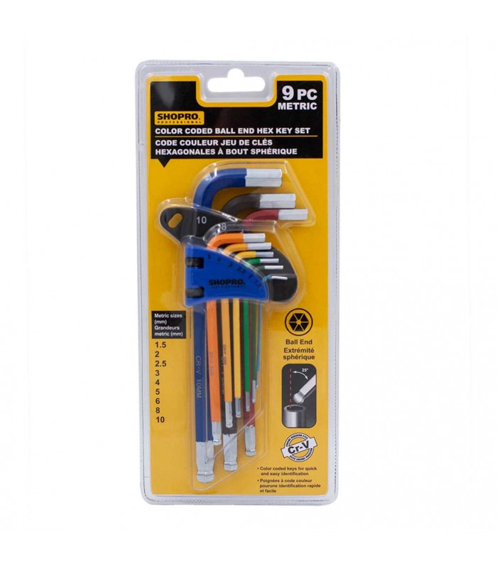 SHOPRO Metric Color Coded Long Ball End Hex Keys - 9 Pieces