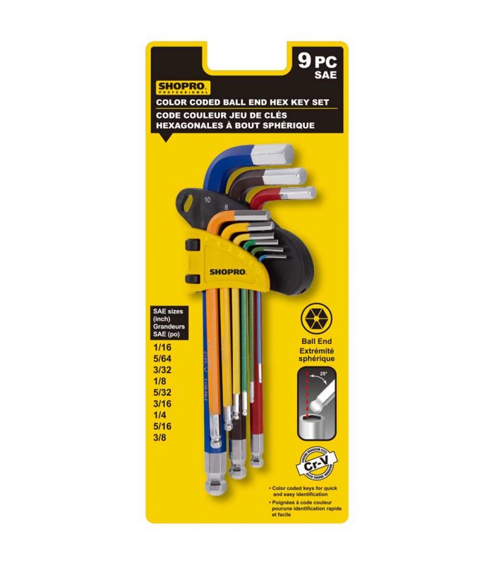 SHOPRO SAE Color Coded Long Ball End Hex Keys - 9 Pieces