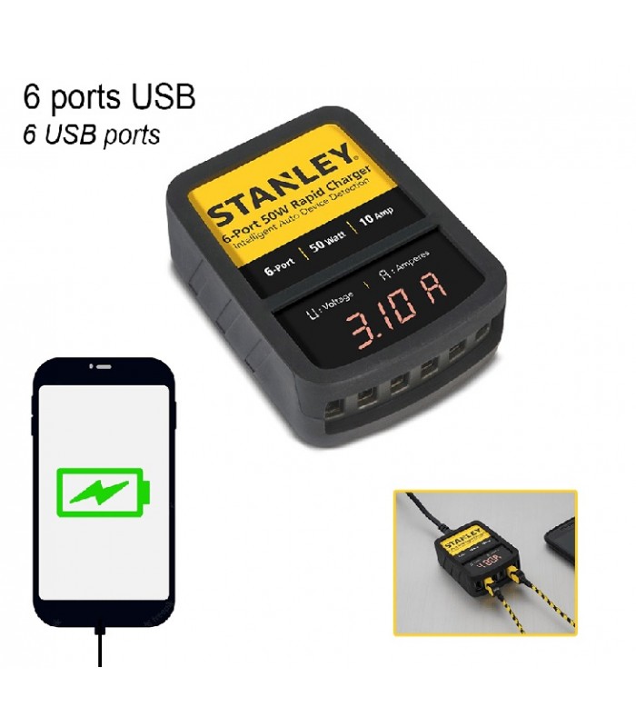 Stanley Chargeur rapide de chantier avec affichage DEL - 6 ports USB - 50 W - 10 A