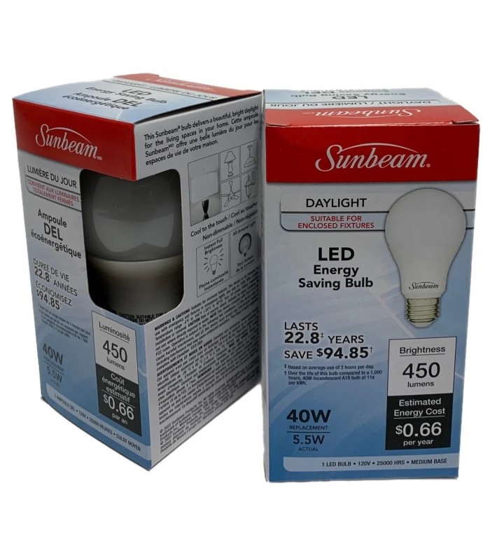 Sunbeam Ampoule DEL A19 Equivalent à 40W Lumière de Jour 5000K