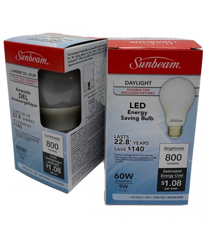 Sunbeam Ampoule DEL A19 Equivalent à 60W Lumière de Jour 5000K