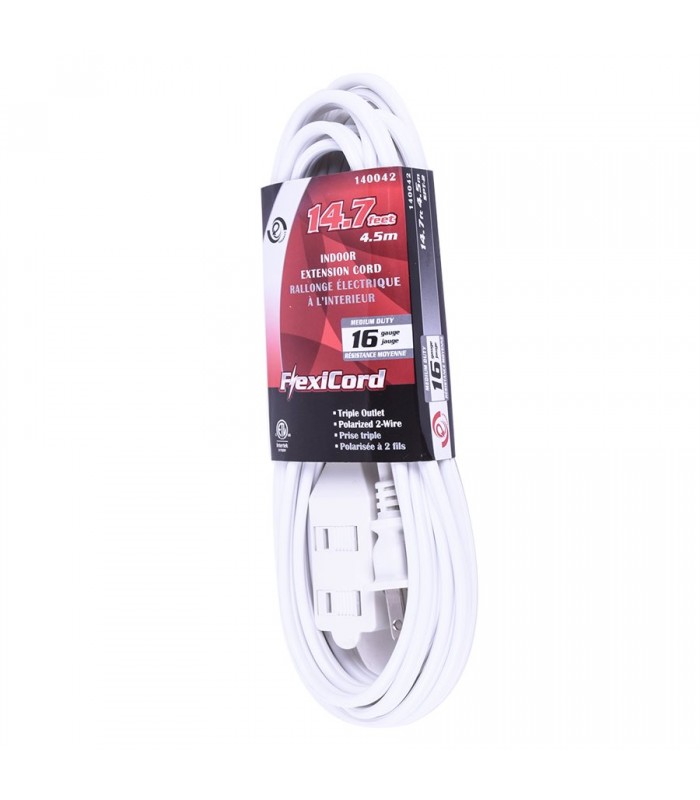 FlexiCord Extension Cord Indoor SPT-2 16/2 3-Tap White 4.5m/14.7ft