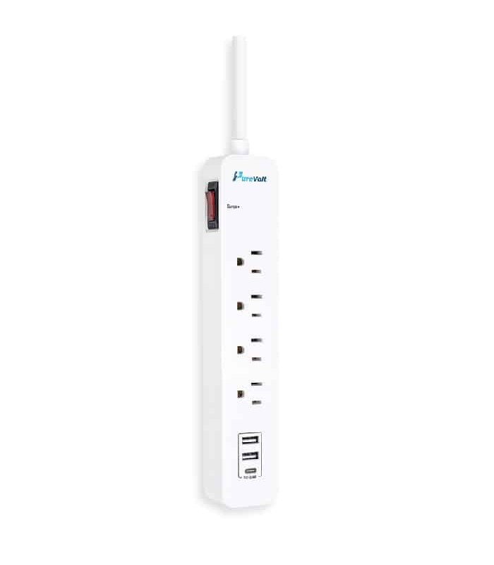 PureVolt Barre de surtension à 4 prises avec 2 ports USB et 1 USB-C - 450 joules - 15 A - Blanc - 90 cm