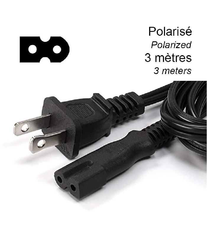 Cordon d'alimentation NEMA 1-15P polarisé à C7 mâle - 2C/18 AWG - 10 A - 3 m