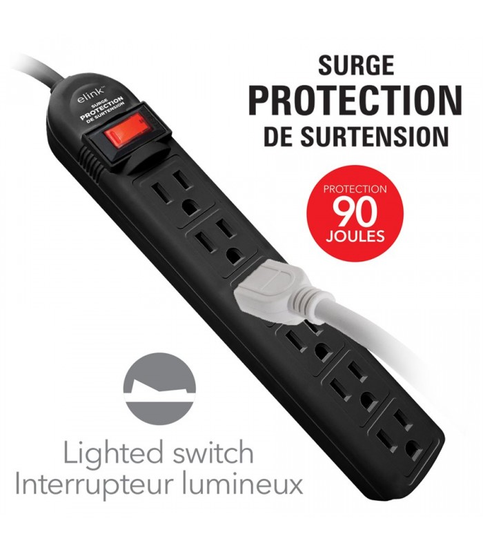 eLink Bande d'alimentation de 2 pieds à 6 prises avec limiteur de surtension, Noir