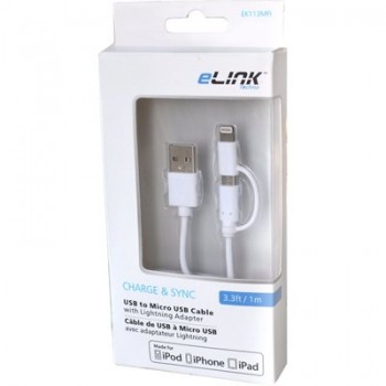 eLink Câble USB 2-en-1 de 3.3 pi avec connecteurs Lightning et Micro USB