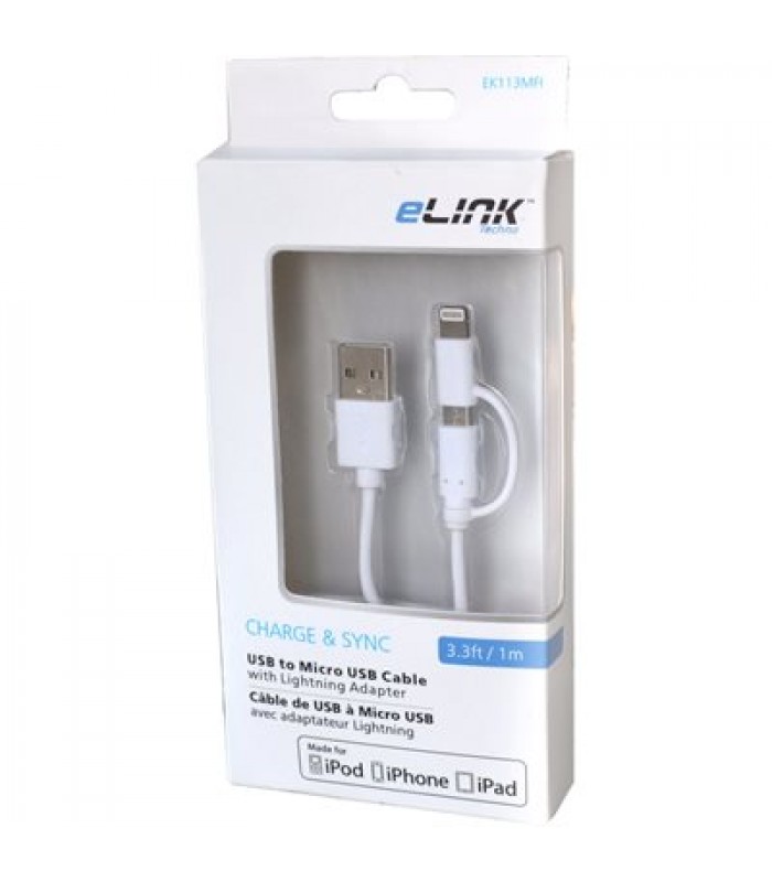 eLink Câble USB 2-en-1 de 3.3 pi avec connecteurs Lightning et Micro USB