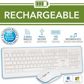 eLink Rechargeable Wireless Keyboard & Mouse Combo Set – 2.4GHz, White