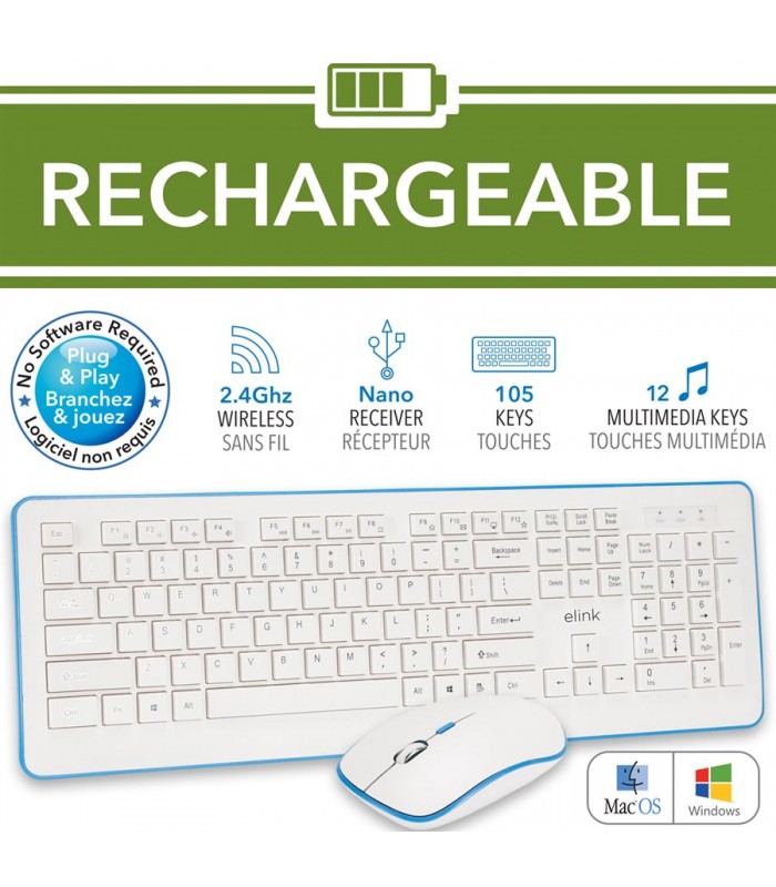 eLink Ensemble clavier et souris rechargeable et sans fil – 2.4GHz, Blanc