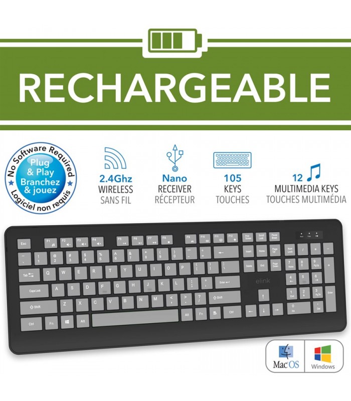 eLink Clavier rechargeable et sans fil – 2.4GHz, Noir