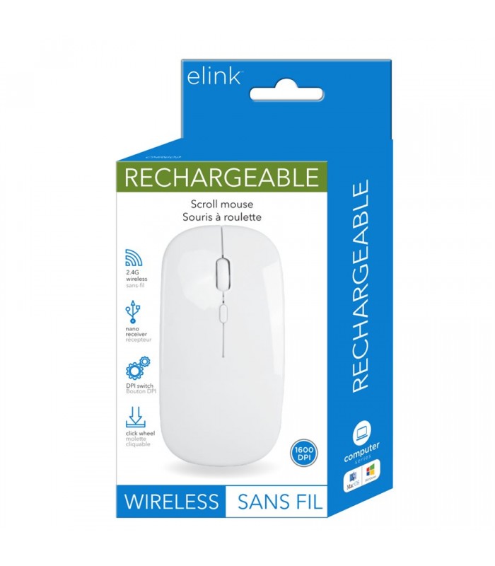 eLink Souris rechargeable et sans fil – 2.4GHz, Blanc