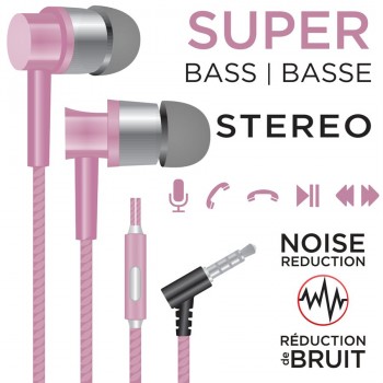 Escape Noise Reduction + Super Bass Hands Free Stereo Earphones, Pink