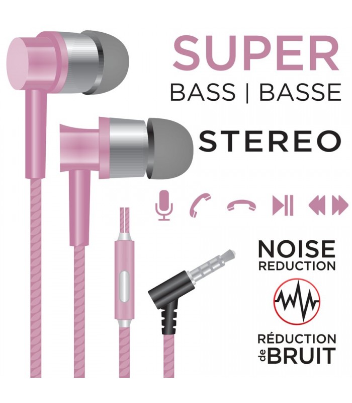 Escape Noise Reduction + Super Bass Hands Free Stereo Earphones, Pink