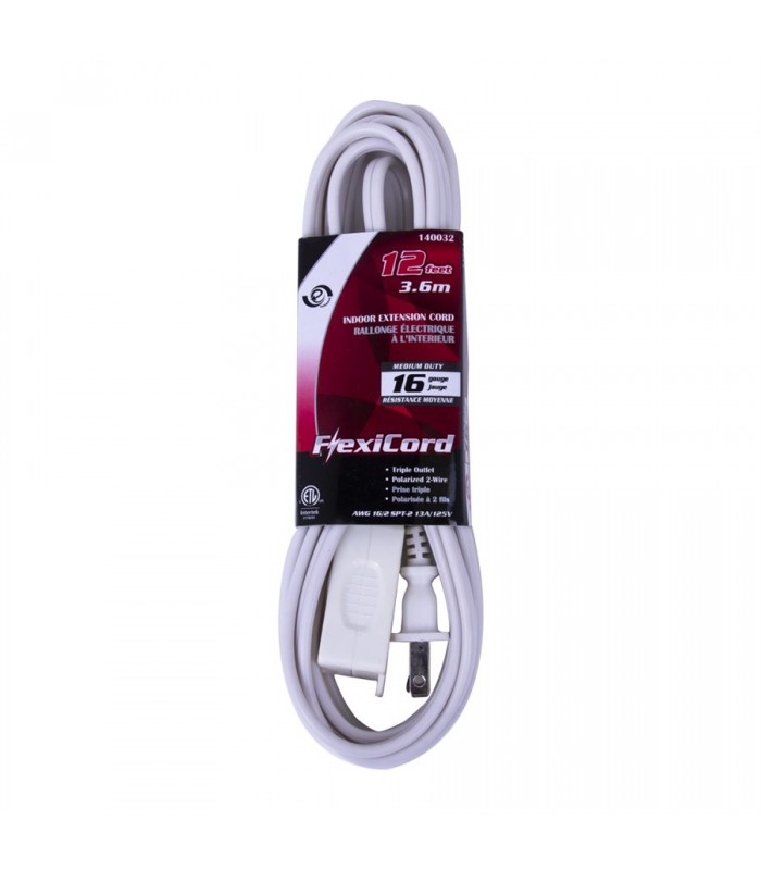 FlexiCord Extension Cord Indoor SPT-2 16/2 3-Tap White 3.6m/11.8ft