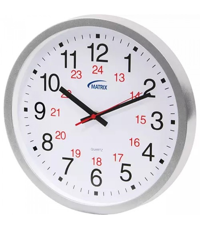 Matrix 12/24 H Clock, Analog, Battery Operated, 12 in, Silver