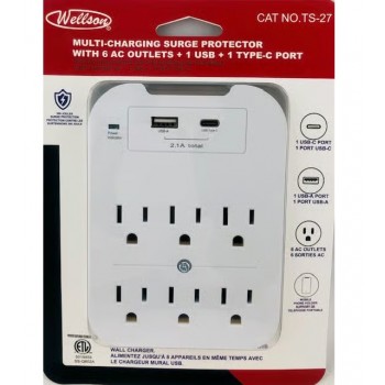 Multi Charging Surge Protector with 6 AC Outlets , 1 USB Port, 1 USB-C Port 300 Joules