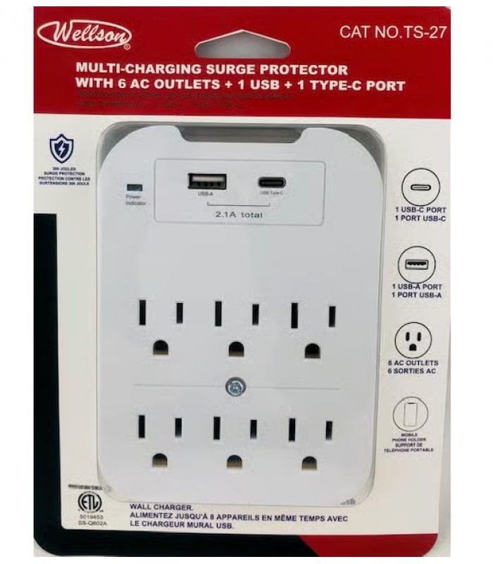 Multi Charging Surge Protector with 6 AC Outlets , 1 USB Port, 1 USB-C Port 300 Joules