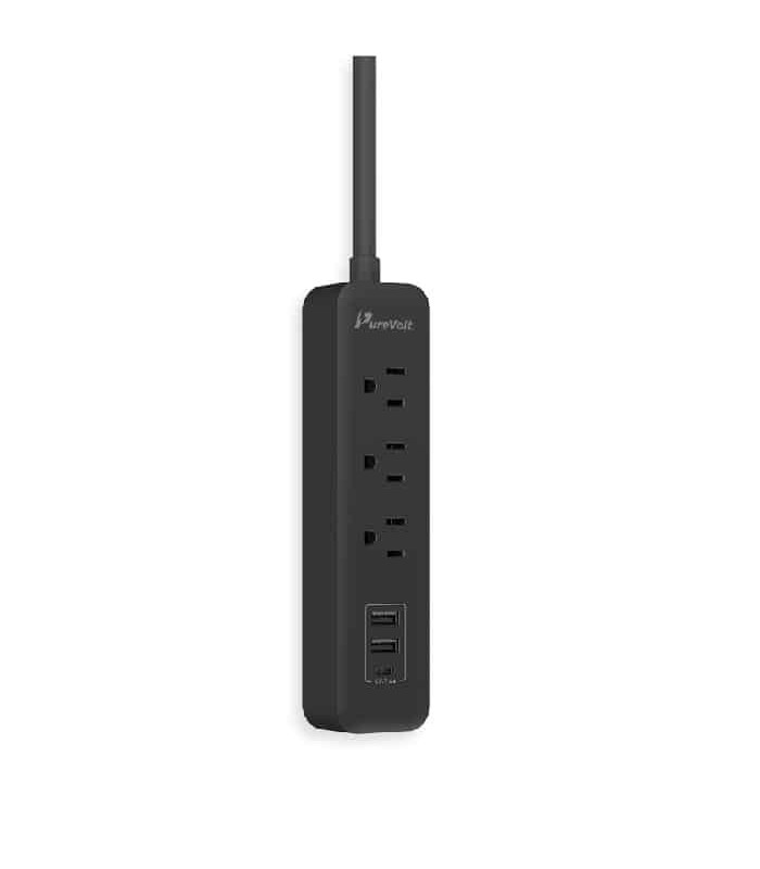 PureVolt Barre d'alimentation à 3 prises avec 2 ports USB et 1 USB-C - 125 V - 15 A - Noir - 90 cm