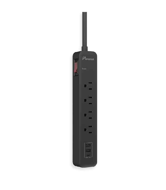 PureVolt Barre de surtension à 4 prises avec 2 ports USB et 1 USB-C - 450 joules - 15 A - Noir - 90 cm