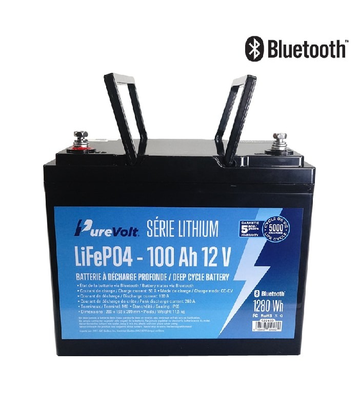 PureVolt  Batterie scellée au Lithium Bluetooth - 12 V - 100 Ah - 1280 Wh - LiFePo4