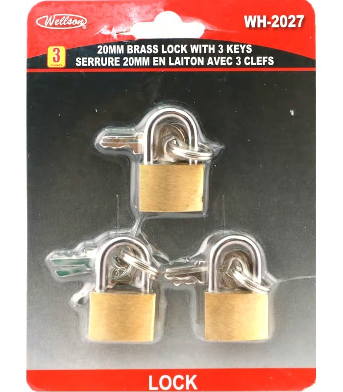 Wellson Brass Padlock with 3 Keys 20mm - Set of 3