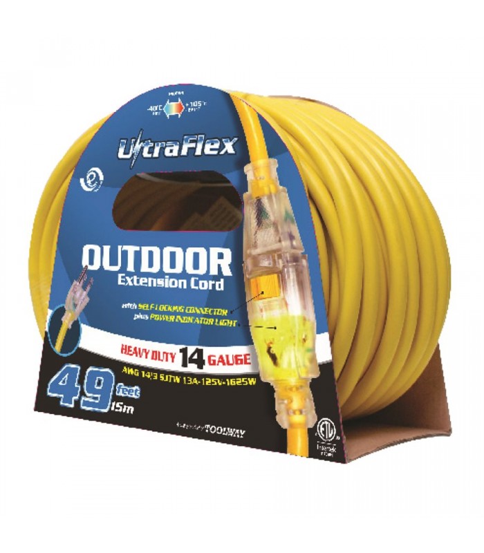 FlexiCord Extension Cord Outdoor SJTW 14/3 Lighted Single Tap Yellow - 50 ft