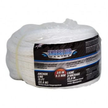 Braided Polypropylene Anchor Rope with Carabiner - 9.5 mm X 22.8 m - 360 lbs - White