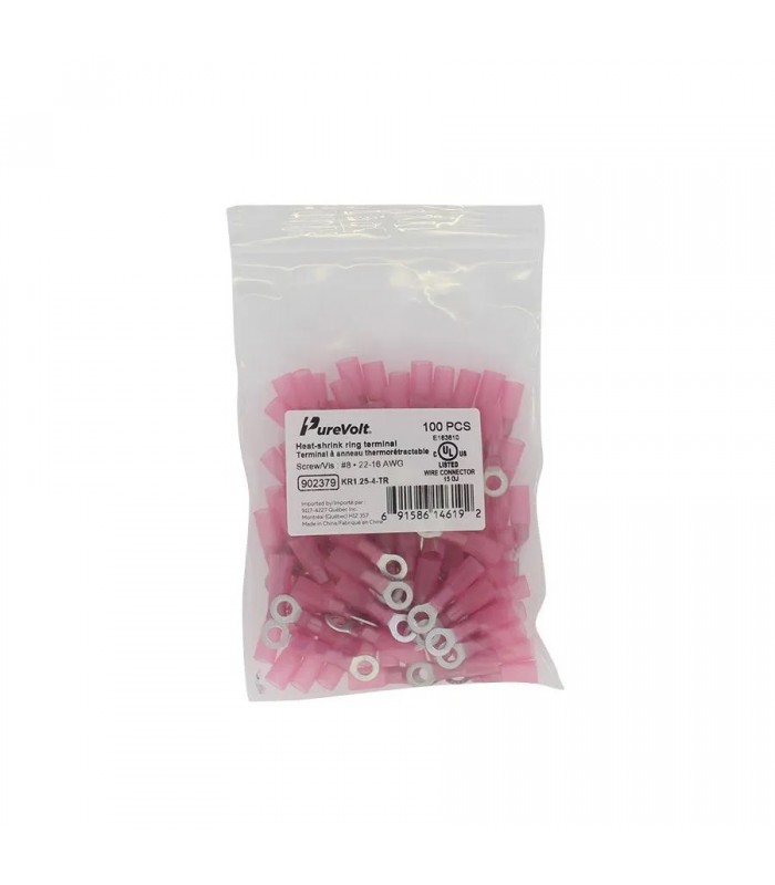 PureVolt Heat-Shrink Ring Terminal - Screw #8 - 22-16 AWG - Pink - Pack of 100