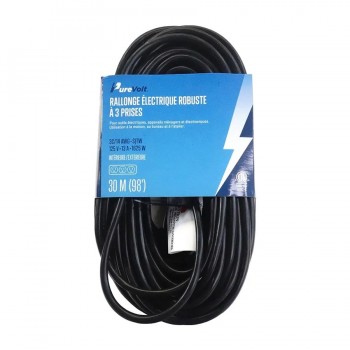 PureVolt Rallonge électrique robuste à 3 prises 3C/14 AWG - Intérieur/extérieur - 125 V - 13 A - Noir - 30 m