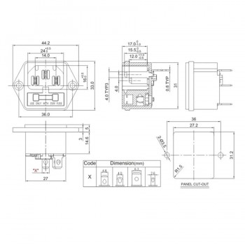 Prise d′alimentation CA à montage sur panneau type C14 avec porte-fusible - 250 V - 10 A