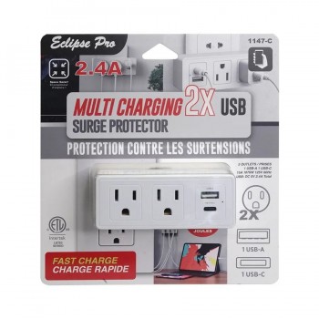Adaptateur mural à 2 prises et 2 ports de recharge avec protection contre les surtensions - USB/USB-C - Blanc