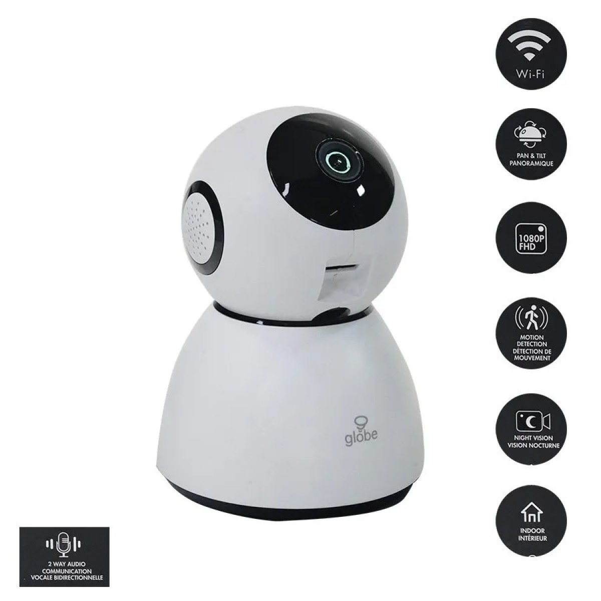 Caméra de sécurité intelligente Wi-Fi d'intérieur 1080p avec détection de  mouvement Globe, blanc