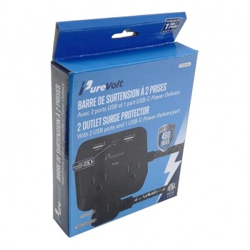 PureVolt 1.4m 2-Outlet Surge Bar with 2 USB and 1 USB-C - 490J - Black