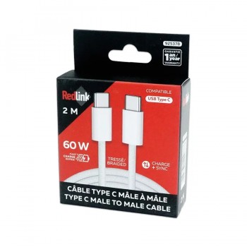 RedLink Câble tressé USB-C mâle à mâle - 60 W - Blanc - 2 m