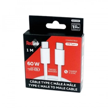 RedLink Braided USB-C Male to Male Cable - 60W - White - 3.3 ft