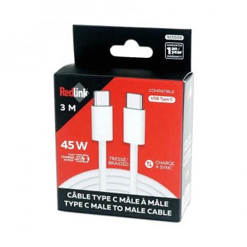 RedLink Câble tressé USB-C mâle à mâle - 45 W - Blanc - 3 m